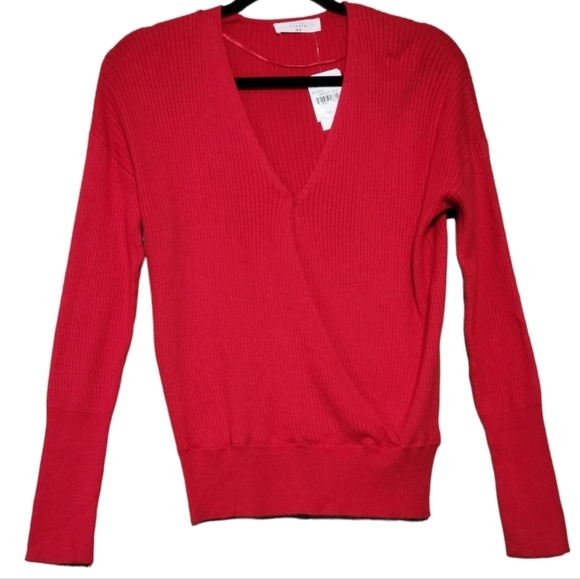 Elodie M Red Ribbed Faux Wrap Sweater V-Neck Long Sleeve Soft Office Knit NWT - Picture 4 of 13